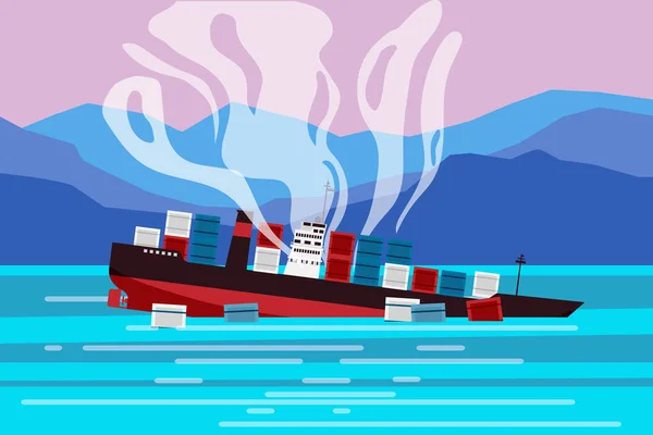 Wrack Des Frachtschiffes Meer Schiff Unter Wasser Und Gütercontainer Schiffstransport — Stockvektor