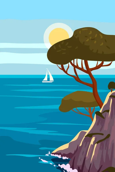 Ретро Средиземноморский Плакат Пейзаж Морского Отдыха Европы Горы Деревья Гавань — стоковый вектор