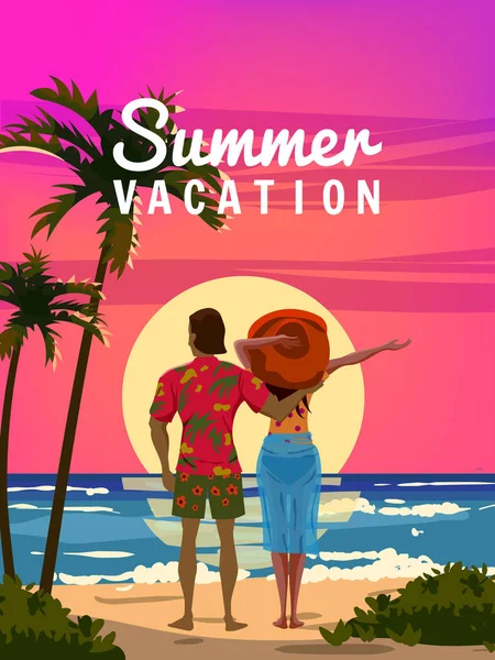 Sunset Tropical Resort Sommerurlaub Paar Mann Und Frau Strand Genießen — Stockvektor