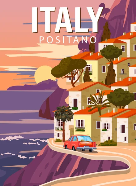 Retro Poster İtalya, Akdeniz romantik manzarası, yol, araba, dağlar, sahil kasabası, yelkenli, deniz. Retro seyahat posteri taşıyıcı çizimi izole edildi