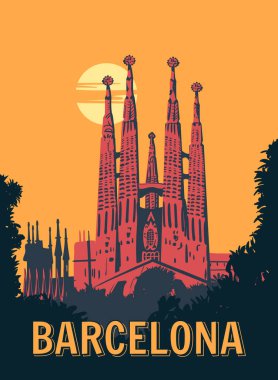 Barcelona VintageTravel Posteri. İspanya 'nın Sagrada Familia Gaudi Bazilikası, günbatımı gökyüzü. Vektör illüstrasyon retro biçimi, izole
