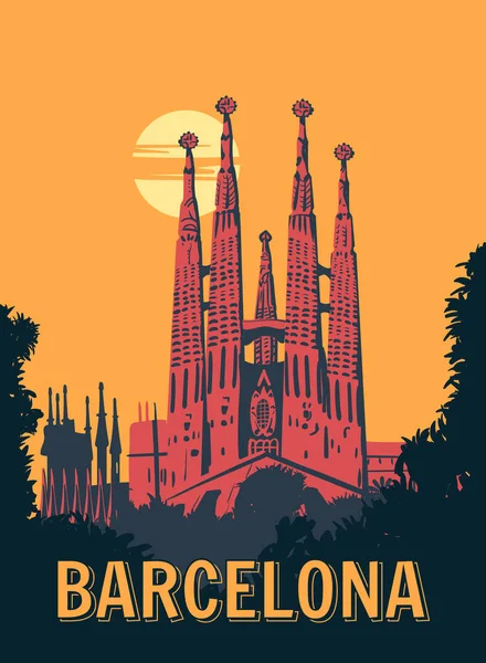 Barcelona Vintagetravel Poster Sagrada Família Gaudi Basílica Espanha Céu Pôr —  Vetores de Stock