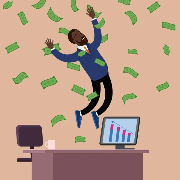 Happy African Businessman Jump Air Falling Money Rain Office Success — Stock Vector