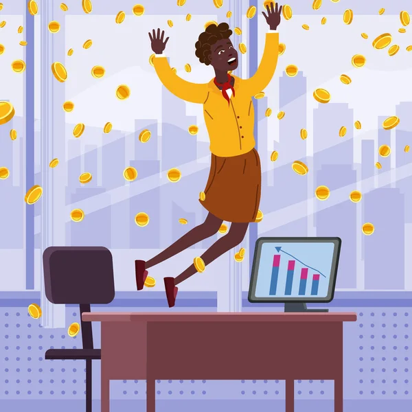 Happy African Businesswoman Jump Air Falling Money Coins Rain Office — Stock Vector