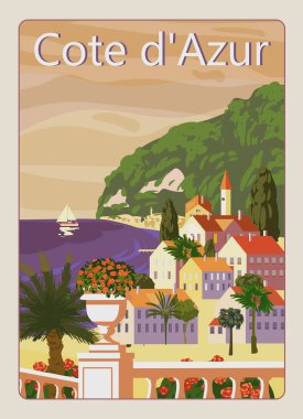 Poster Cote de l azur French Riviera kıyı klasiği. Resort, French Riviera Güzel sahil afişi. Tatil köyü, sahil, deniz, plaj. Retro biçim illüstrasyon vektörü izole edildi