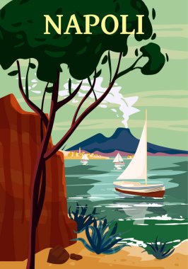 Naples Retro Poster Italia. Mediterranean sea sailboat, smoke volcano Vesuvius, coast, rock. Vector illustration postcard isolated clipart