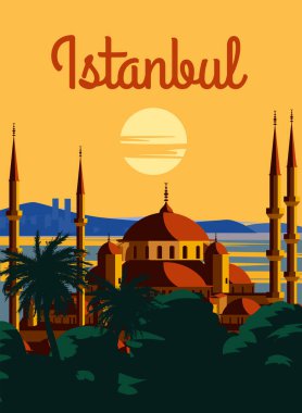 Istanbul retro poster, sunset city Turkey, Noble Hagia Sophia Grand Mosque. Vintage touristic postcard, placard, vector illustration isolated
