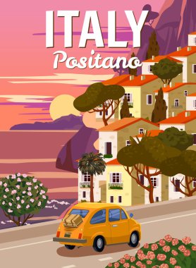 Retro Poster İtalya, Positano tatil köyü, Amalfi sahili. Yol arabası, Akdeniz romantik manzarası, dağlar, sahil kasabası, yelkenli, deniz. Retro seyahat posteri, kartpostal vektör çizimi izole edildi