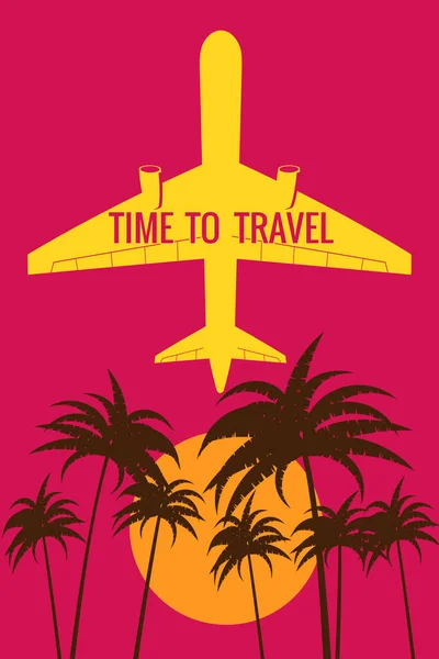Gökyüzünde Poster Uçağı Kalkış Palmiyeler Güneş Klasik Yaz Tatili Posteri — Stok Vektör