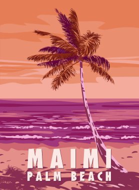 Miami Palm Beach Retro Posteri. Sahilde palmiye, sahil, sörf, okyanus. Vektör illüstrasyon klasik biçimi izole edildi