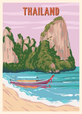 Poster Tayland 'ın tropikal tatil beldesi. Yaz tatili seyahati. Egzotik sahil kıyıları, tekne, palmiyeler, okyanus. Retro biçim illüstrasyon vektörü