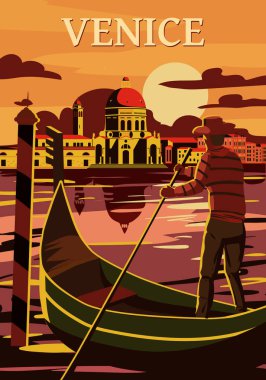Venice Italia Poster tarzı. Sunset Grand Canal, gondolcu, mimari, klasik kart. Vektör illüstrasyon kartpostalı izole edildi