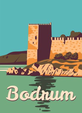 Bodrum Castle retro poster, Turkey resort. Vintage touristic postcard, placard, vector illustration isolated