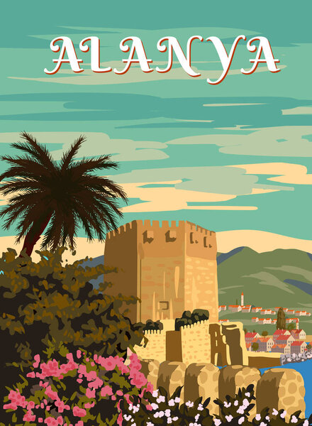Retro Poster Alanya landmark, Turkey resort, Kizil Kule Red Tower, skyline. Vintage touristic travel postcard, placard, vector illustration isolated