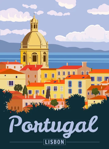 Travel Poster Poster Lisbon, Vintage. Portugal cityscape landmark, sea, sunset sky. Vector illustration retro style, isolated