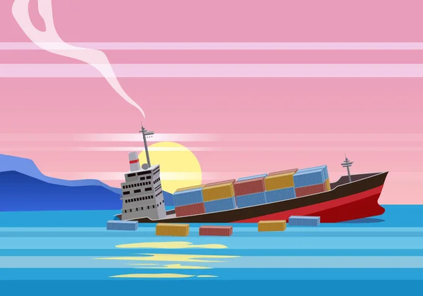 바다에서 화물선의 컨테이너 밑으로 가라앉는 Marine Transport Crash Cartoon Vector — 스톡 벡터