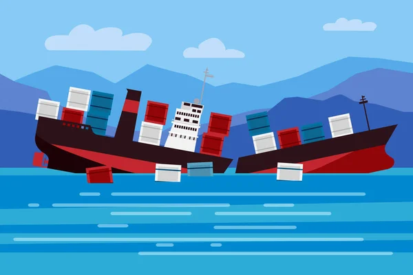 Wreck of the ship of cargo in ocean, vessel going under water and goods containers. Marine transport crash, cartoon vector illustration