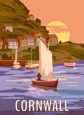 Seyahat Posteri Cornwall, Vintage, Güney Batı İngiltere, Birleşik Krallık. Poster sahili, buikdings, yelkenliler, gün batımı. Vektör illüstrasyon retro biçimi, izole