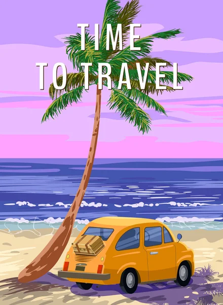旅行时间 复古海报 黄色古董车 棕榈在海滩 矢量插画复古风格孤立 — 图库矢量图片