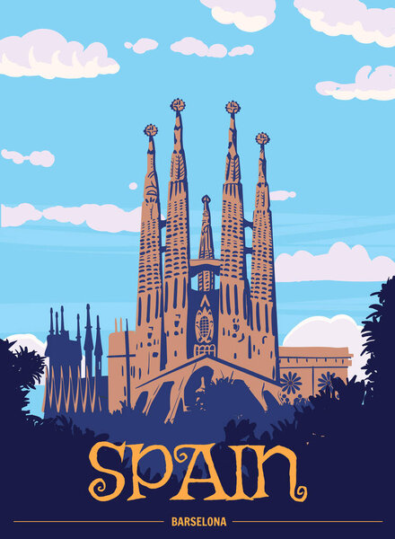 Travel Poster Spain, Barcelona Vintage. Sagrada Familia Gaudi Basilica of Spain, sunset sky. Vector illustration retro style, isolated