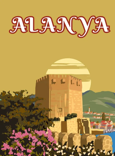 Retro Poster Alanya Oriëntatiepunt Turkije Resort Zonsondergang Skyline Vintage Toeristische — Stockvector