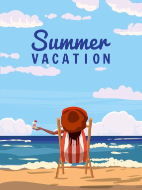 Kırmızı şapkalı kadın elinde kokteyl, dinlenme ve tropikal sahillerle güverte koltuğunda uzanıyor. Tatil köyü, egzotik deniz okyanusu kıyısı kumu, palmiyeler. Vektör illüstrasyon retro vintage poster