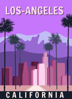 Los Angeles retro poster, şehir merkezi, manzara. Klasik, sahne Kaliforniya sokak vektör illüstrasyonu