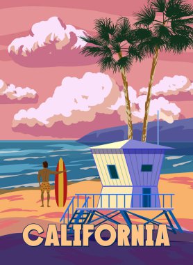 California Retro Posteri. Sahildeki cankurtaran evi, sörfçü, avuç içi, sahil, sörf, okyanus. Vektör illüstrasyon klasiği