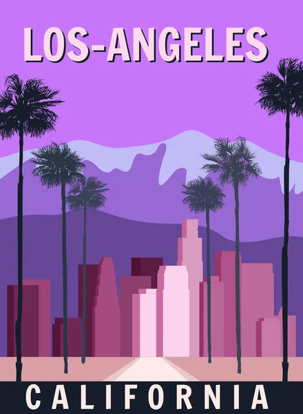 Los Angeles retro poster, şehir merkezi, manzara. Klasik, sahne Kaliforniya sokak vektör illüstrasyonu