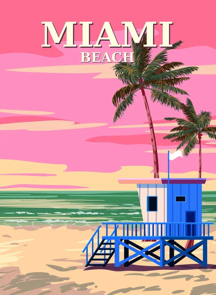 Miami Beach Retro Posteri. Sahildeki cankurtaran evi, palmiye, sahil, sörf, okyanus. Vektör illüstrasyon klasik biçimi izole edildi