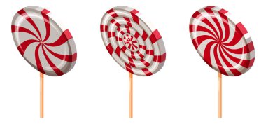 Lolipop Girdabı Şeker Sarmalı Isometric seti. Tatlı spiral çizgili karamel, çubuk üzerinde, vektör karikatür tarzı çizim izole edilmiş.