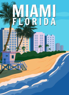 Miami Beach City Skyline, Retro Poster. Sahil, sörf, okyanus. Vektör illüstrasyon klasik biçimi izole edildi