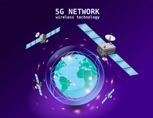 Sieć Globalna Technologia Internetowa Szybkiej Transmisji Danych Satelitarnych Satelity Lecące — Wektor stockowy