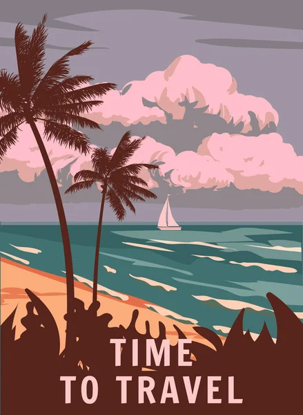 Retro Poster Tijd Reizen Tropisch Kuststrand Zeilboot Palm Branding Oceaan — Stockvector