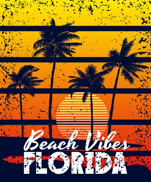 Póster Retro Florida Beach Vibes Sunset Print Cartel Grunge Siluetas — Archivo Imágenes Vectoriales