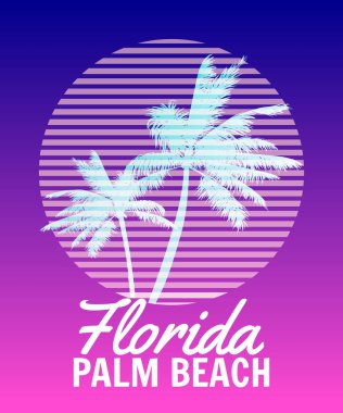 Florida Palm Beach Günbatımı tişört tasarımı. Poster palmiye ağacı siluetleri, gradyan, tiporofoni. Vektör illüstrasyonu