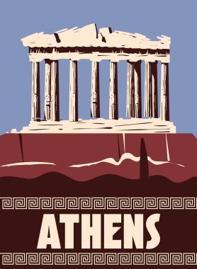 Travel to Greece Athens Poster Travel, columns ruins temple antique, old Mediterranean European culture and architecture. Vintage style vector illustration