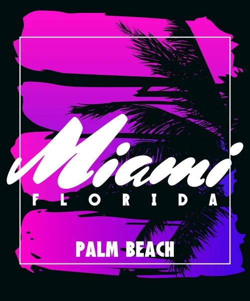 Florida Miami Palm Beach Sunset Print Cartel Siluetas Palmera Retro — Vector de stock