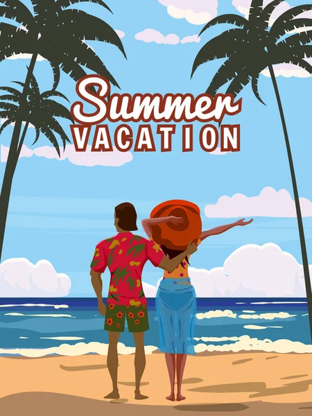 Couple Summer Vacation Seaside Resort Beach Wear Red Hat Enjoing — Stock Vector
