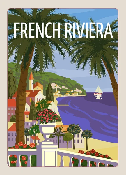 Franse Rivièra Mooie Kust Poster Vintage Resort Kust Zee Strand — Stockvector