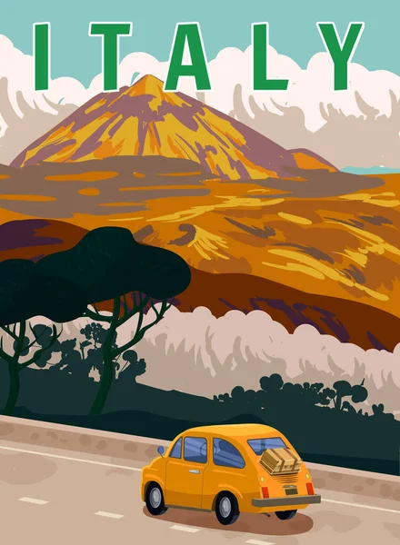 Retro Poster İtalya. Yol arabası, Akdeniz romantik manzarası, dağlar. Retro seyahat posteri, kartpostal vektör çizimi izole edildi