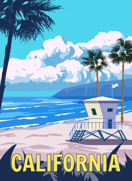 Retro Poster California Sahildeki Cankurtaran Evi Palmiye Sahil Sörf Okyanus — Stok Vektör