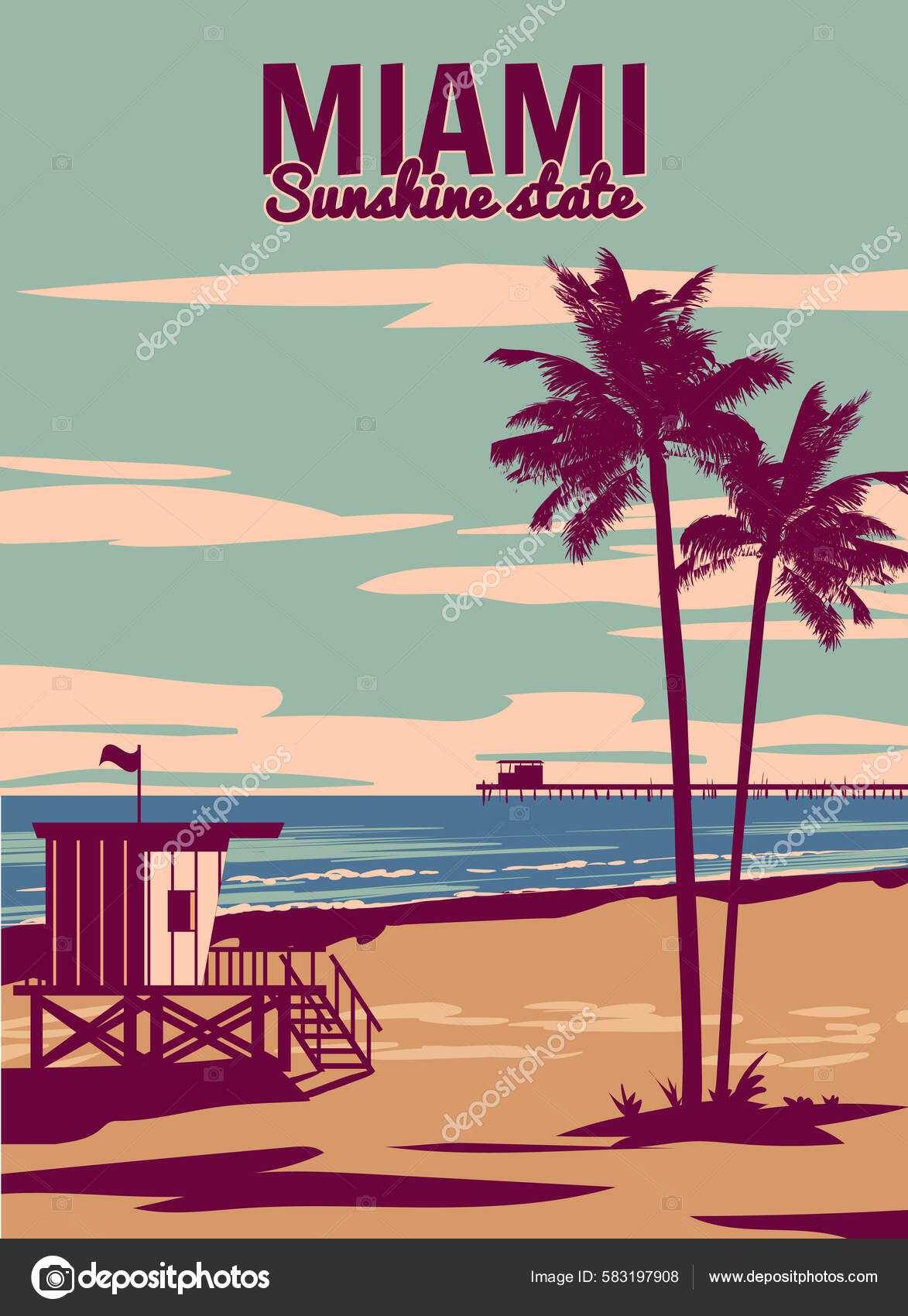 Cartel Vintage Miami Beach Playa Palma Costa Surf Océano Ilustración Vector  de stock #583197908 de ©ValeriHadeev, image size:1173x1700