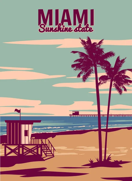 Cartel Vintage Miami Beach Playa Palma Costa Surf Océano Ilustración — Vector de stock