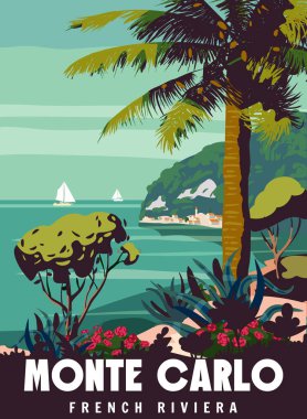 Fransız Riviera Monte Carlo Retro Posteri. Tropik sahil manzarası, palmiye, Akdeniz piyadesi. Yaz tatili, doğa. Vektör illüstrasyon klasiği