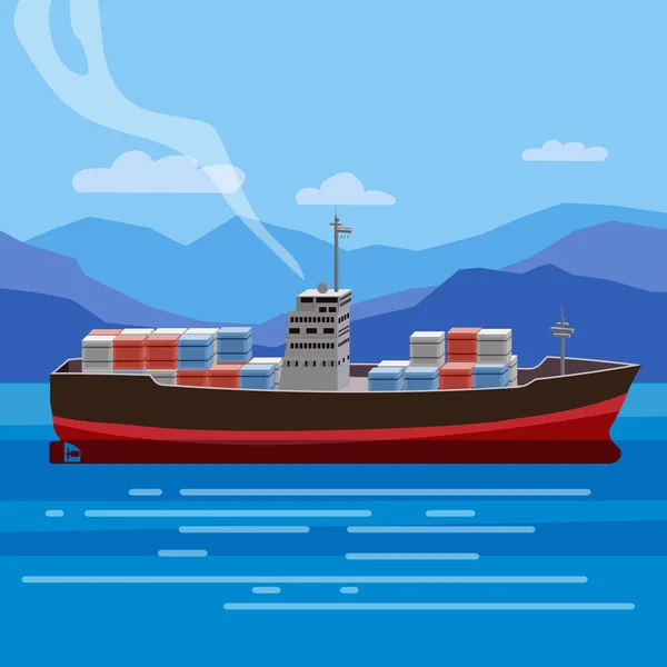 Shipwreck of cargo ship in ocean, vessel going under water and goods containers. Marine transport crash, cartoon vector illustration