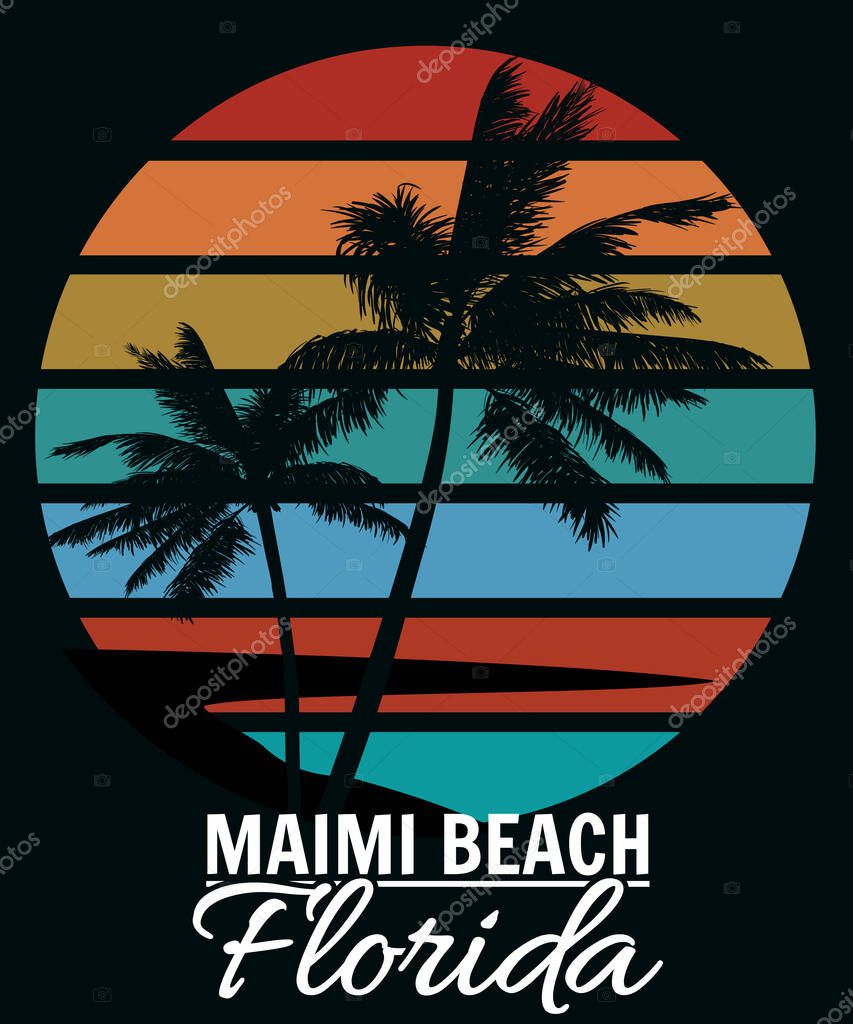 Poster Retro Florida Miami Beach sunset print t-shirt design. Poster palm tree silhouettes, typorgaphy. Vector illustration