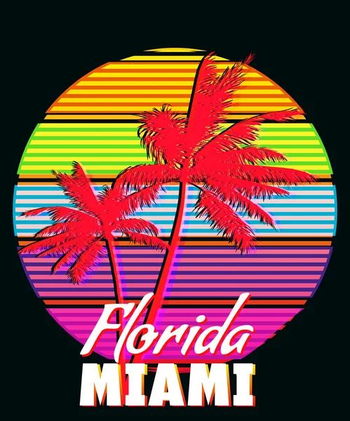 Florida Miami Beach Sunset Print Shirt Design Poster Glitch Palm — Vector de stock