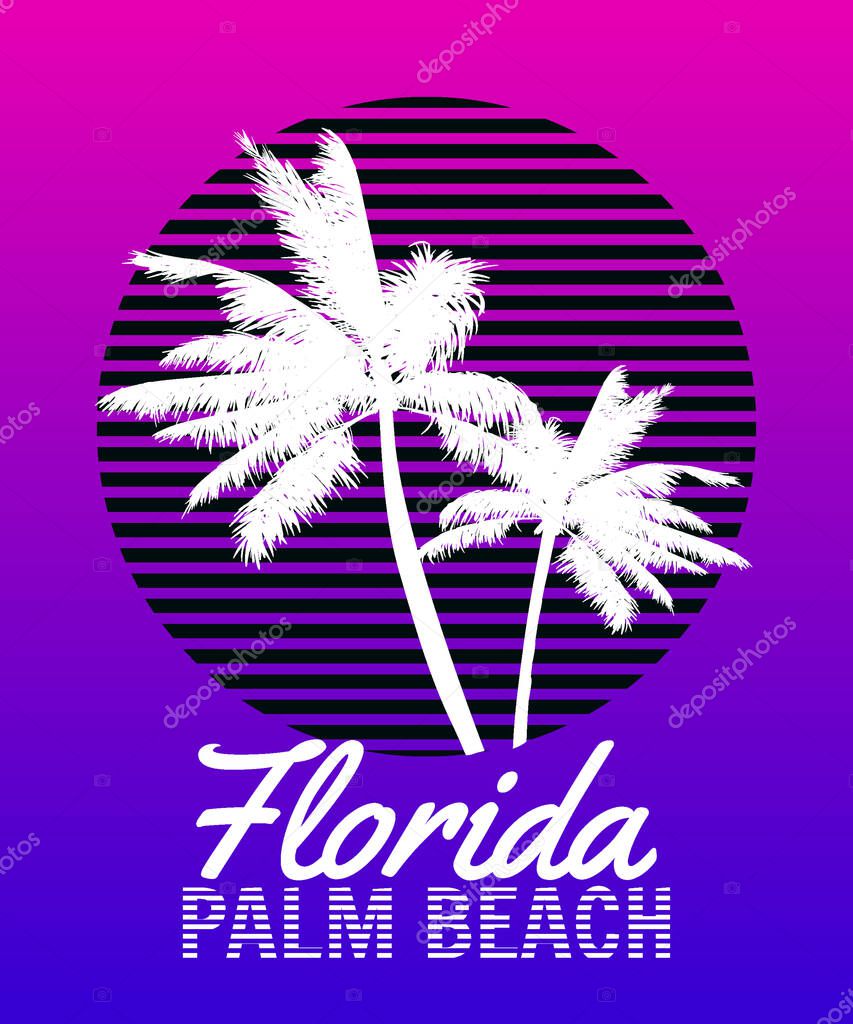 Florida Palm Beach sunset print t-shirt design. Poster palm tree silhouettes, gradient, typorgaphy. Vector illustration