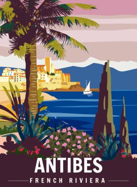 Antibes French Riviera Retro Poster. Tropical coast scenic view, palm, Mediterranean marine, sea town. Summer vacation holiday, nature. Vector illustration vintage